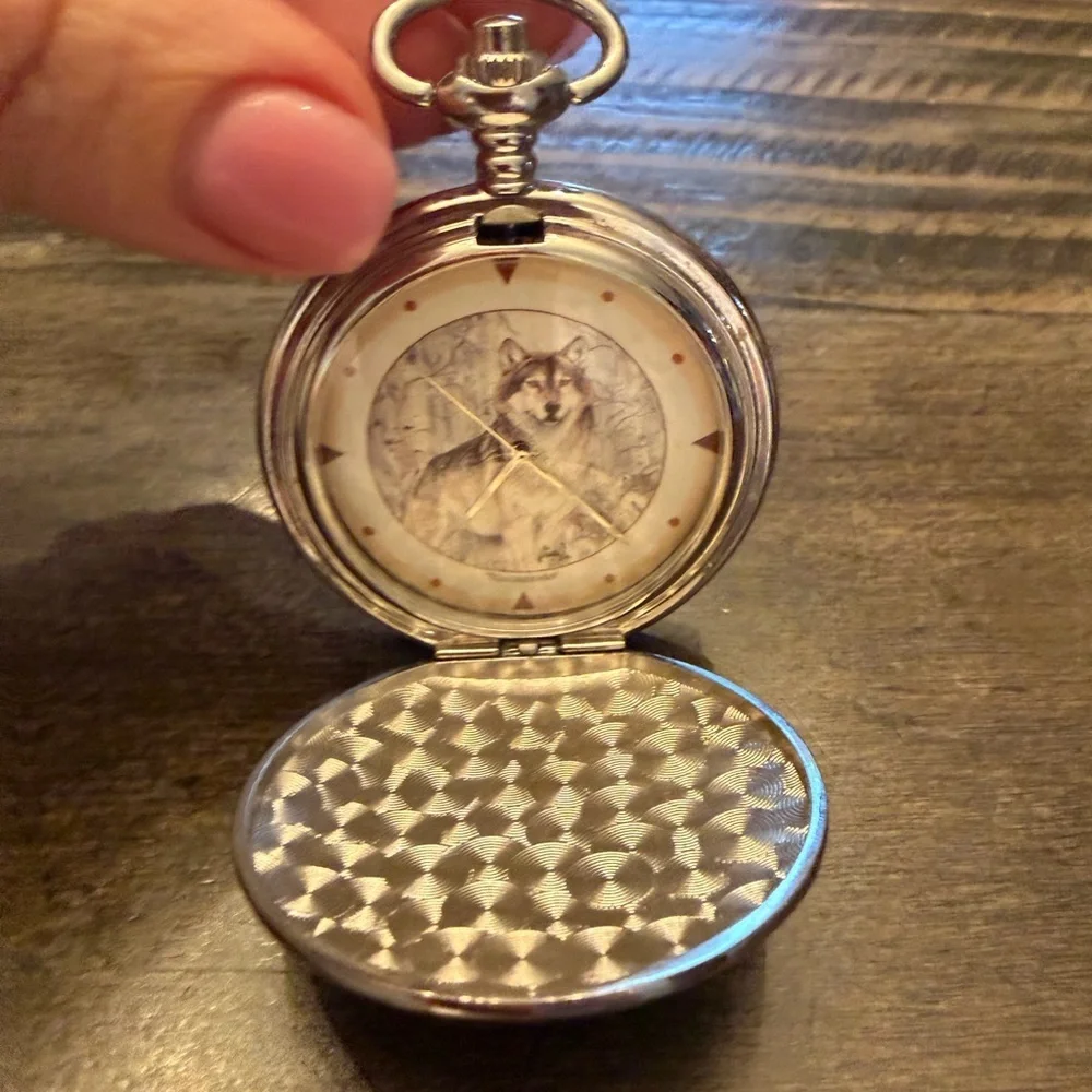 Wolf Illustration Silver Pocket Watch